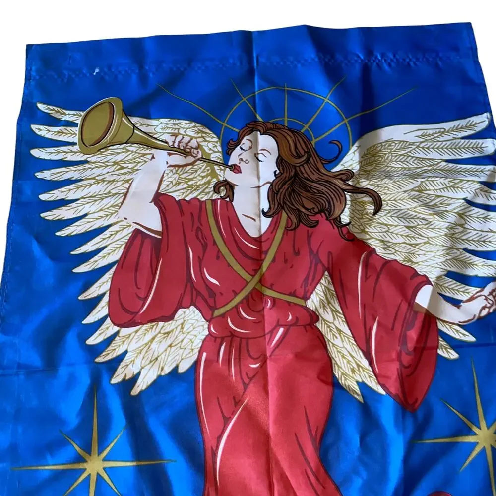 Vintage Garden Holiday Christmas Flag Angel blowing Trumpet Red Gold Blue